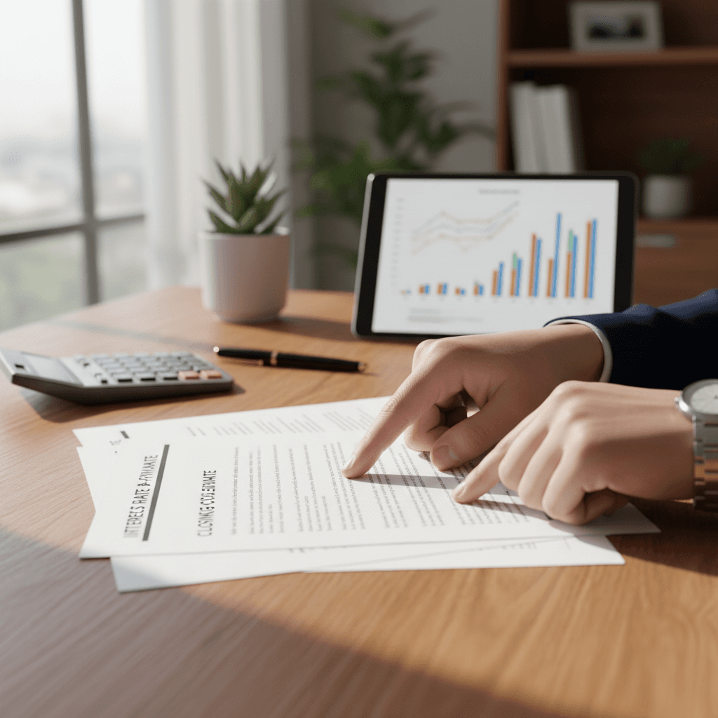 Loan officer reviewing mortgage documents with a calculator and house key on a desk